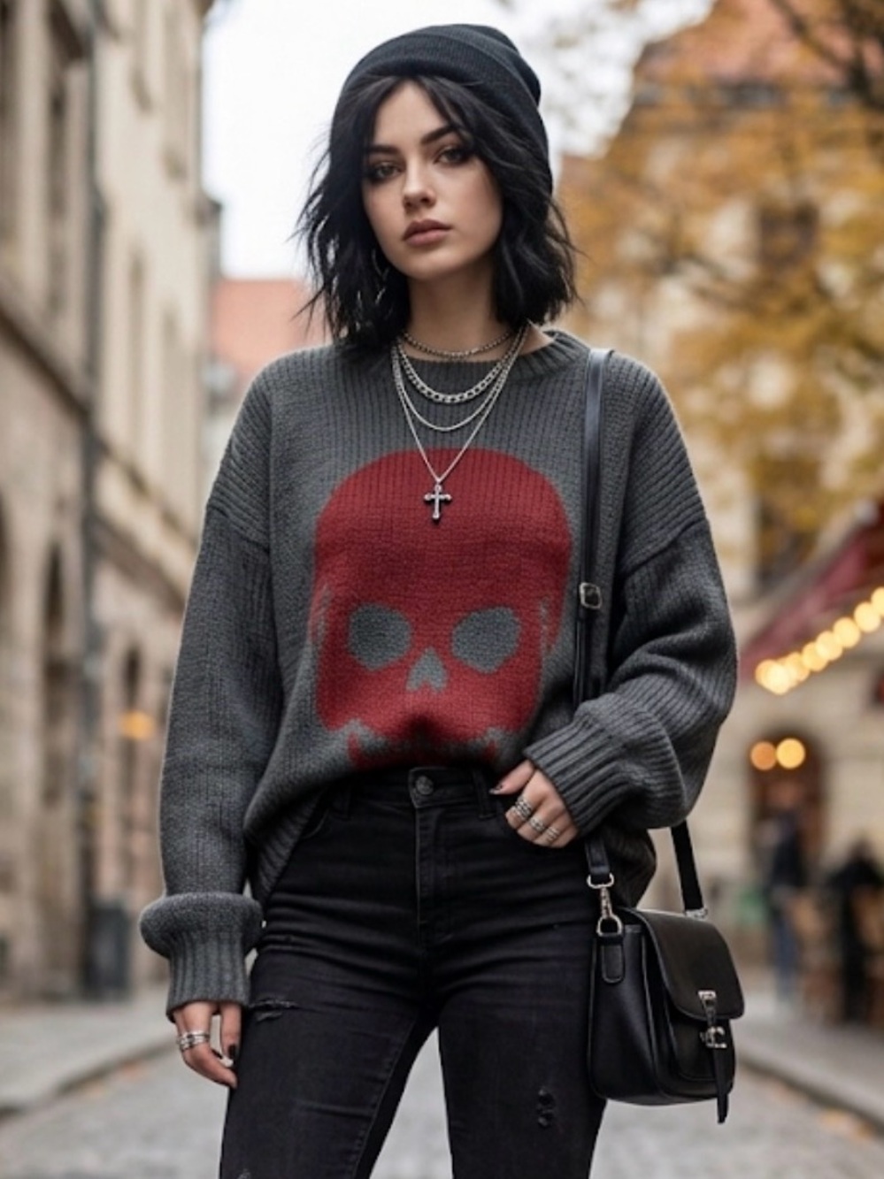 Wooden Ships Skull Knit Oversized Crewneck Sweater Grey Red Mohair Wool